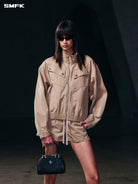 SMFK Cotton Cargo Track Jacket in Beige - On Female Model
