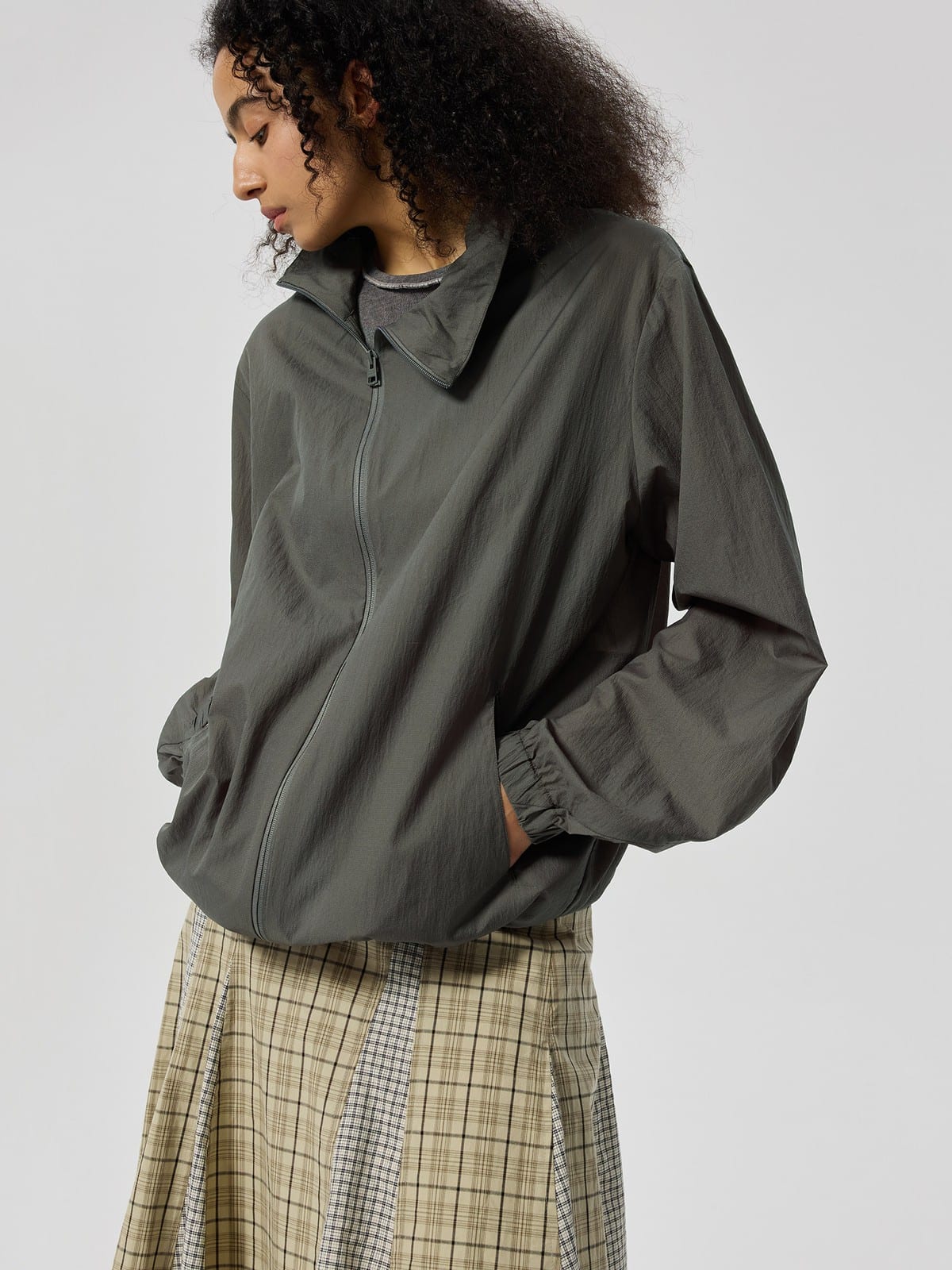 SIMPLE PROJECT Lightweight Offset Zip Jacket in Gray - On Female Model