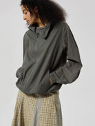 SIMPLE PROJECT Lightweight Offset Zip Jacket in Gray - On Female Model