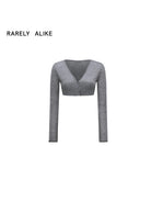 RARELY ALIKE Silk Wool Cropped V Neck Cardigan in Gray