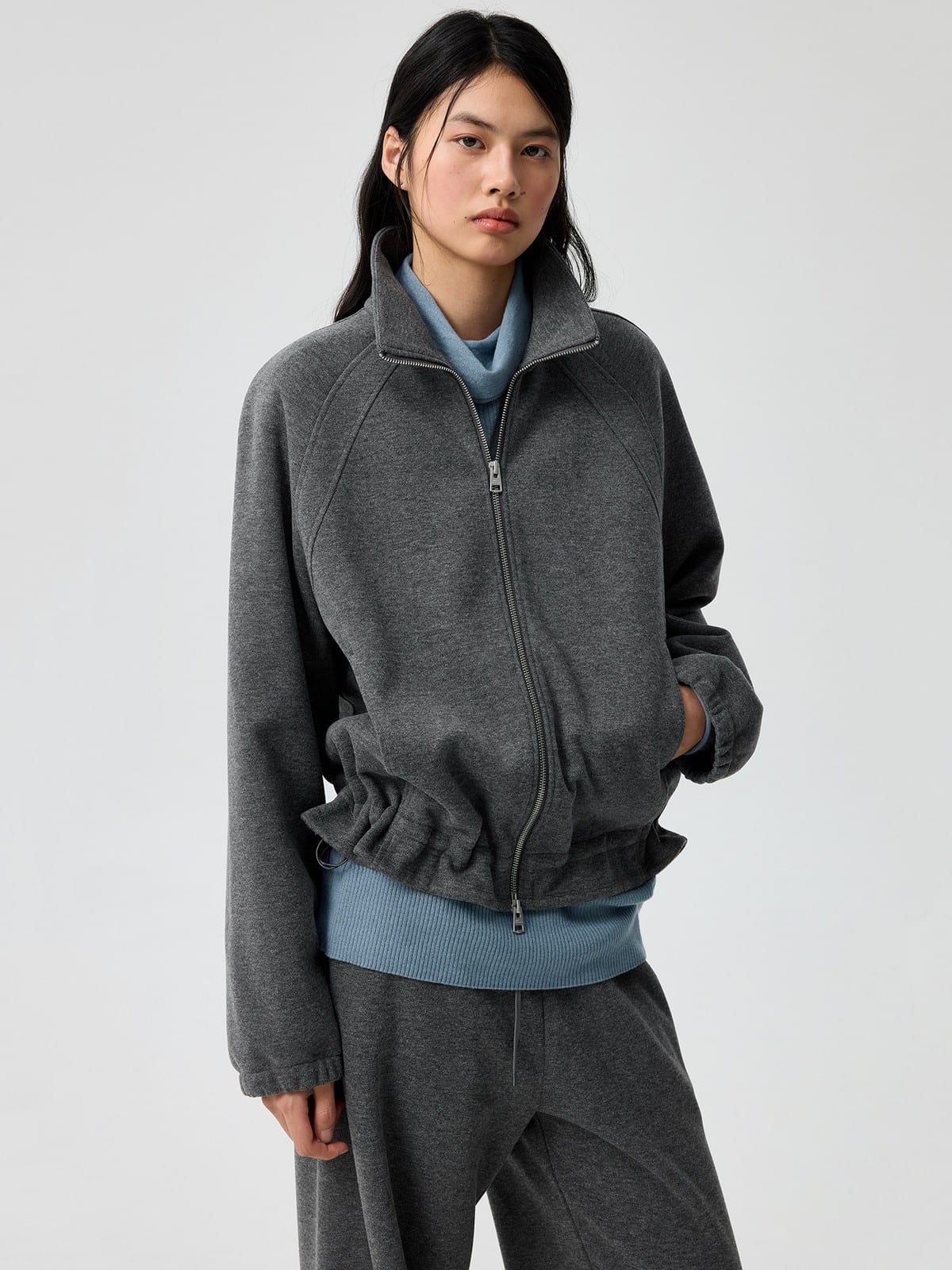 SIMPLE PROJECT Ruffled Adjustable Collar Zip Hoodie in Gray - On Female Model