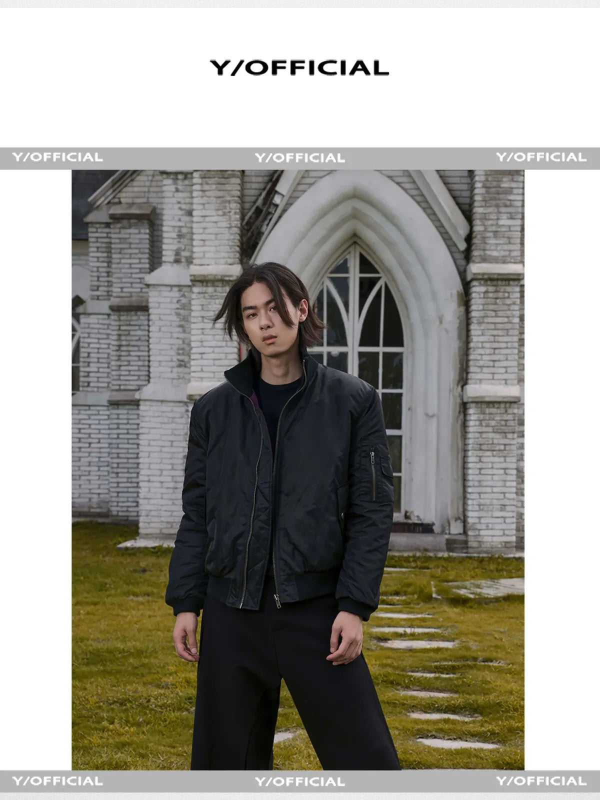 Y OFFICIAL High Neck Nylon Bomber Jacket in Black - On Male Model