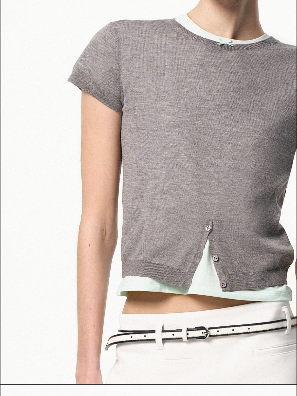 RARELY ALIKE Half Placket Silk Wool Knit Top in Gray - On Female Model