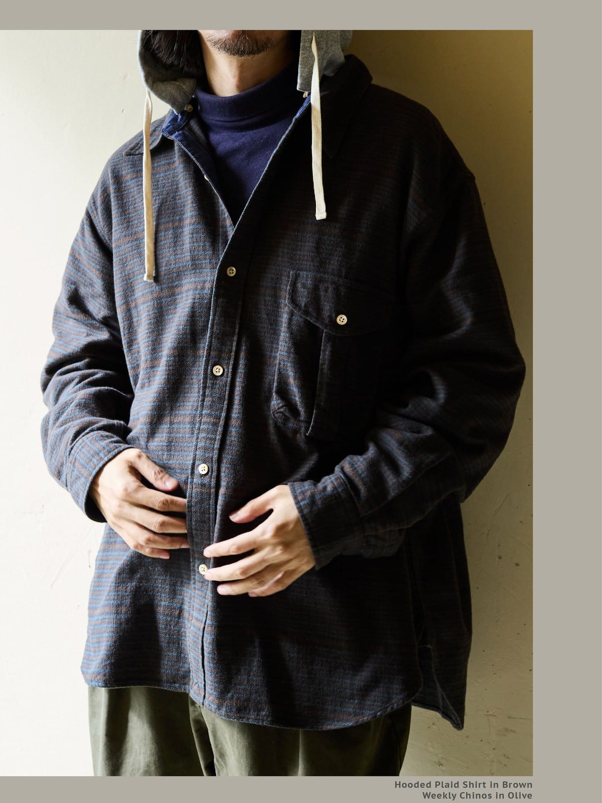USAGE Detachable Hood Cotton Plaid Shirt in Brown - On Male Model