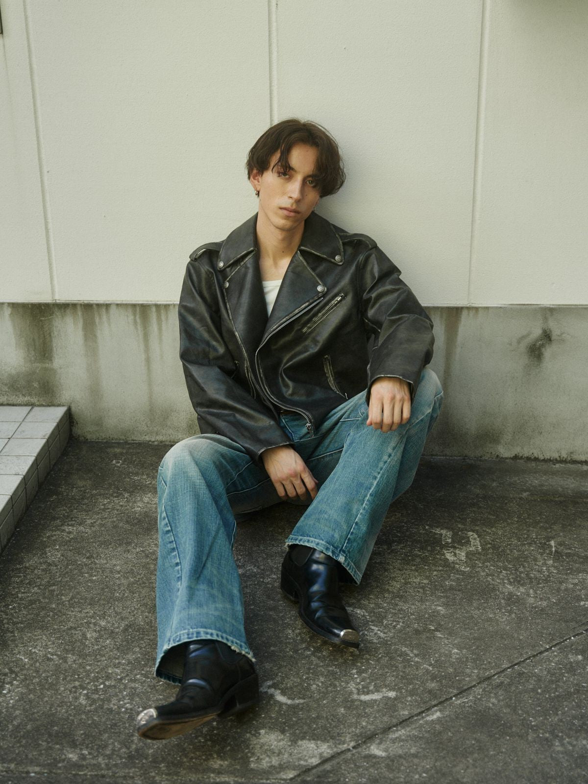 Retro 21 Distressed Faux Leather Biker Jacket in Black - On Male Model