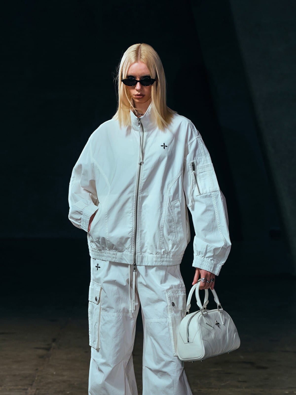 SMFK Garment Dyed Cotton Training Jacket in White - On Female Model