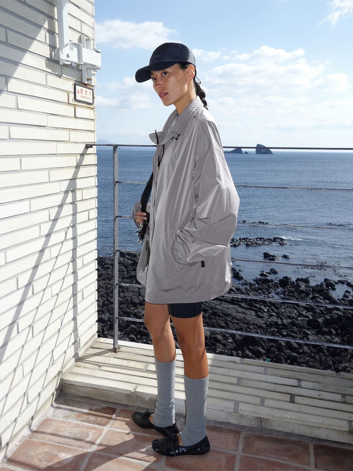 Random Piece Stand Collar Polyamide Windbreaker in Gray - On Female Model