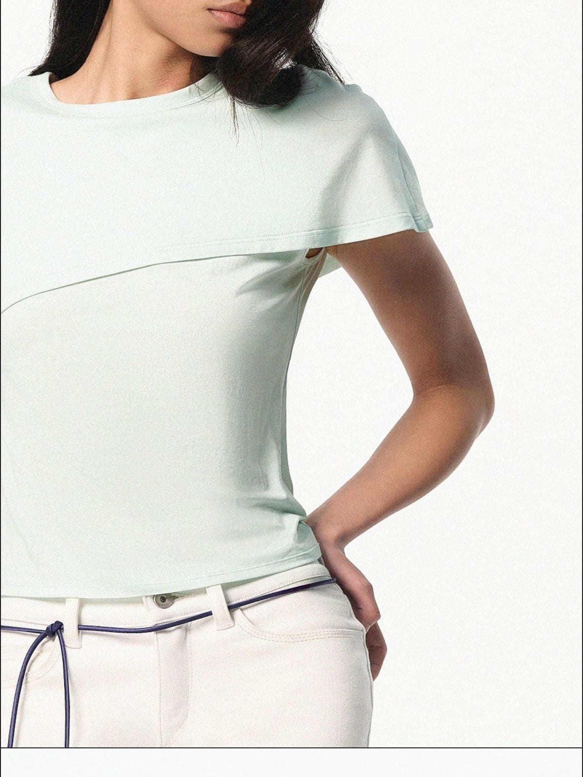 RARELY ALIKE Asymmetrical Draped Lyocell Blend Top in Mint - On Female Model
