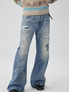 SIMPLE PROJECT Distressed Patchwork Flared Jeans in Blue - On Model