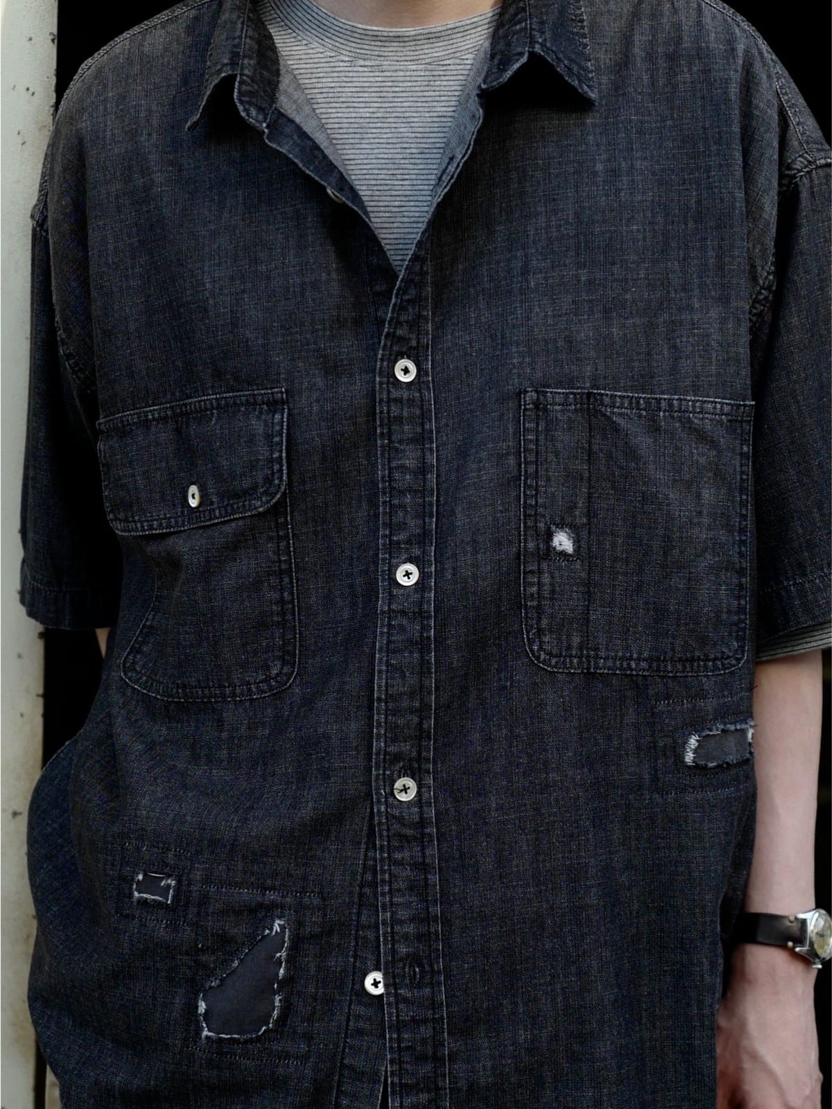 USAGE Distressed Short Sleeve Denim Shirt in Gray - On Male Model
