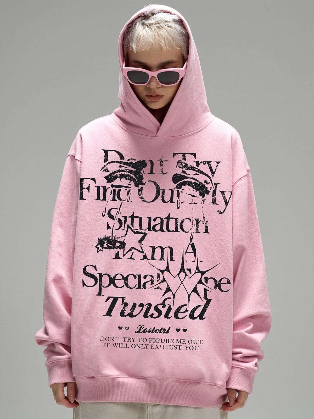 LOSTCTRL Graphic Print Fleece Hoodie in Pink - On Female Model