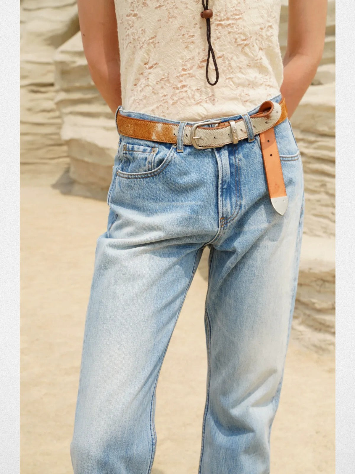 Retro 21 Washed Ice Blue Flared Jeans in Blue - On Model