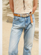 Retro 21 Washed Ice Blue Flared Jeans in Blue - On Model