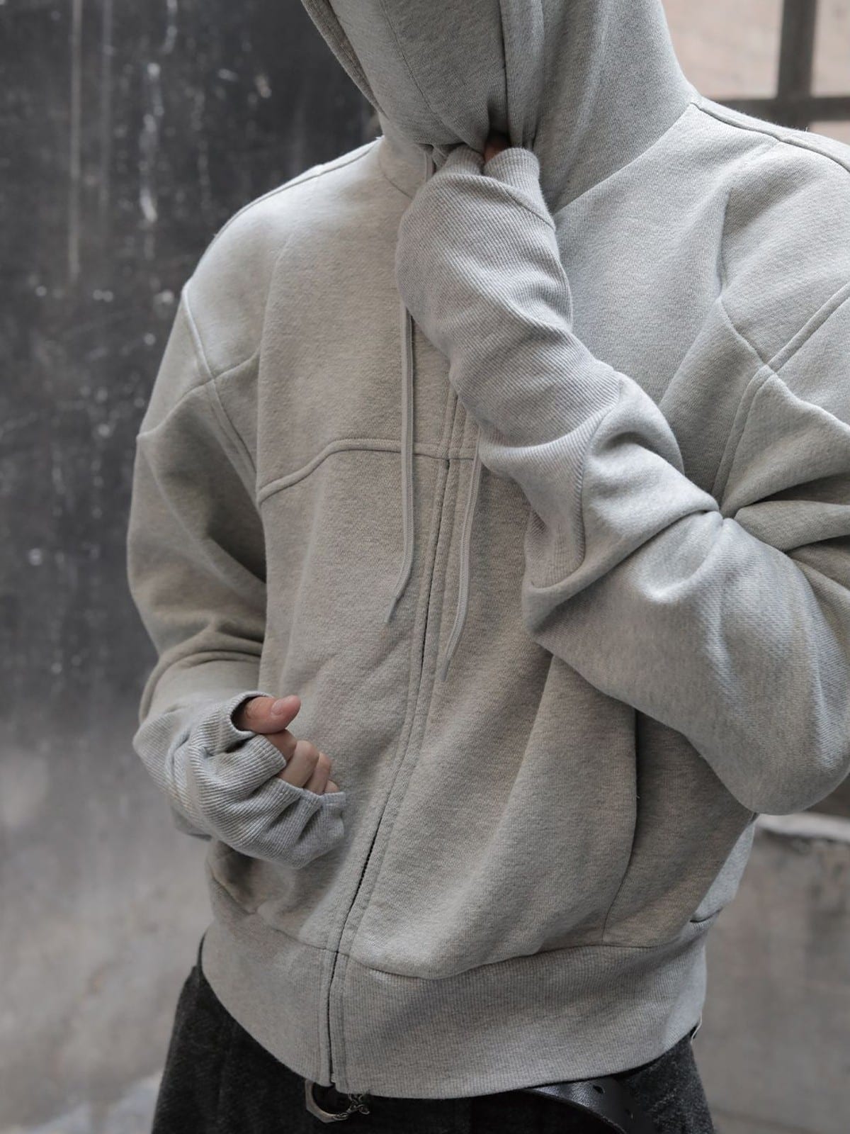 JCAESAR STUDIO Paneled Zip Up Glove Hoodie in Gray - On Model