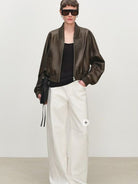 MSBEAST Double Zip Cropped Sheepskin Leather Jacket in Brown - On Female Model