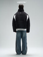 LOSTCTRL Color Block Stripe Puffer Jacket in Black - On Model