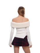 SweetChilling Faux Fur Trim Off The Shoulder Sweater in White - On Model