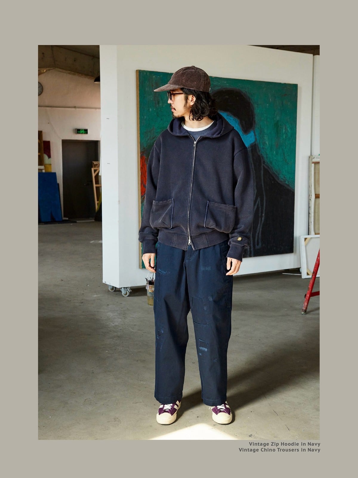 USAGE Hand Distressed Patched Chinos in Navy Blue - On Male Model