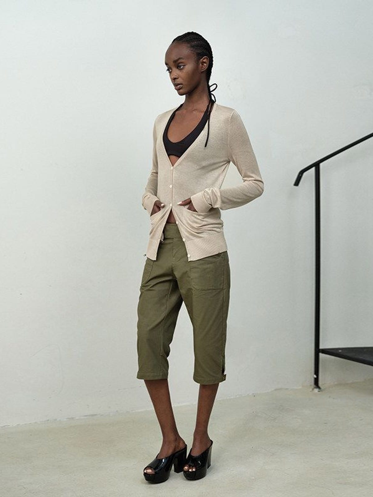 RARELY ALIKE Silk Wool V Neck Backless Cardigan in Olive - On Female Model