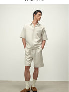 ROYA Structured Cotton Blend Polo in Cream - On Male Model