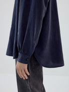 SIMPLE PROJECT Washed Lyocell Long Sleeve Shirt in Navy Blue - On Model