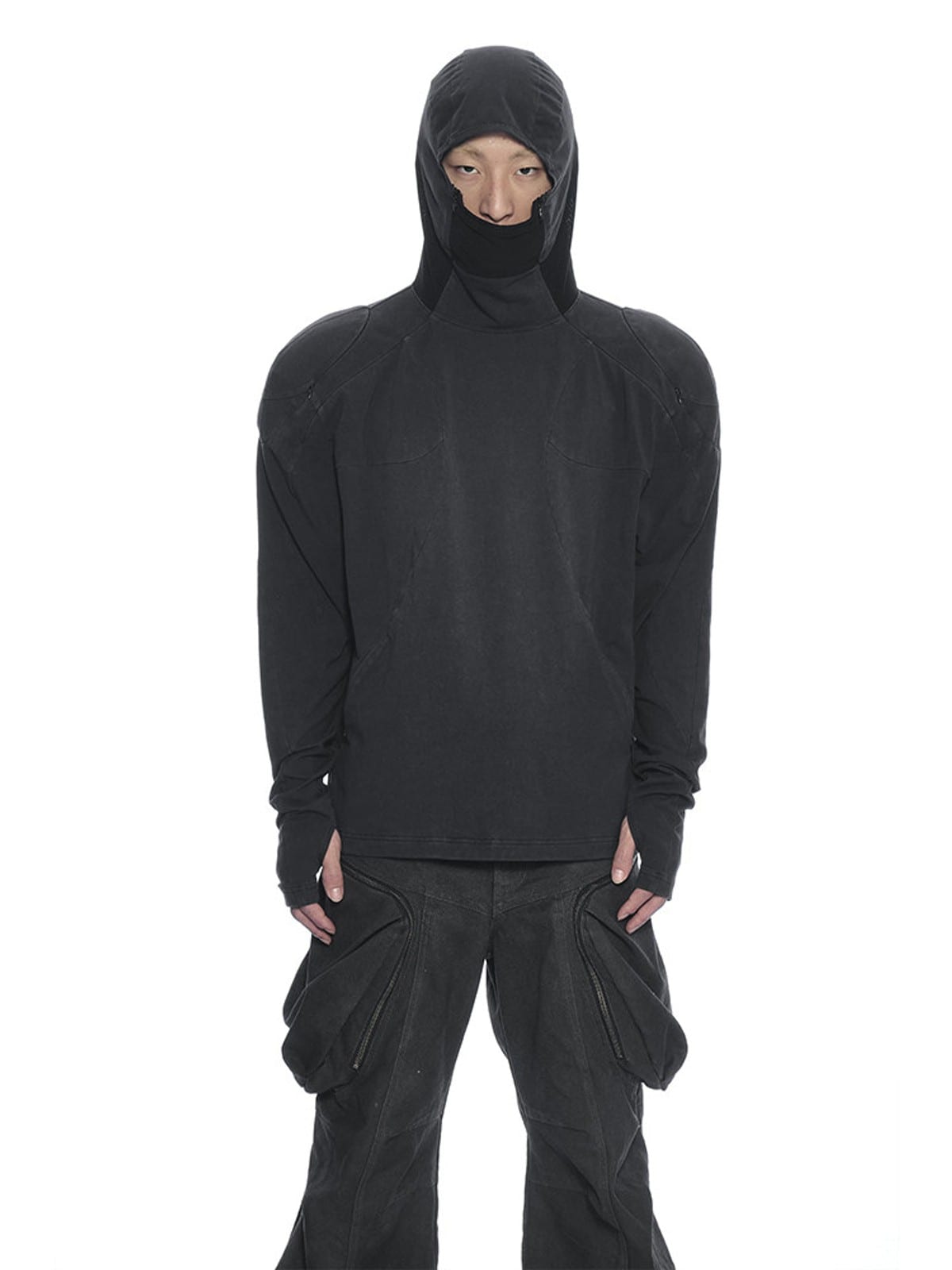 D5ove Hooded Shoulder Pad Pullover in Black - On Male Model
