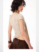 BeerBro Asymmetric Tie Front Off Shoulder Top in Beige - On Female Model