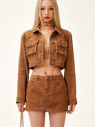SMFK Vintage Wash Denim Mini Skirt in Brown - On Female Model