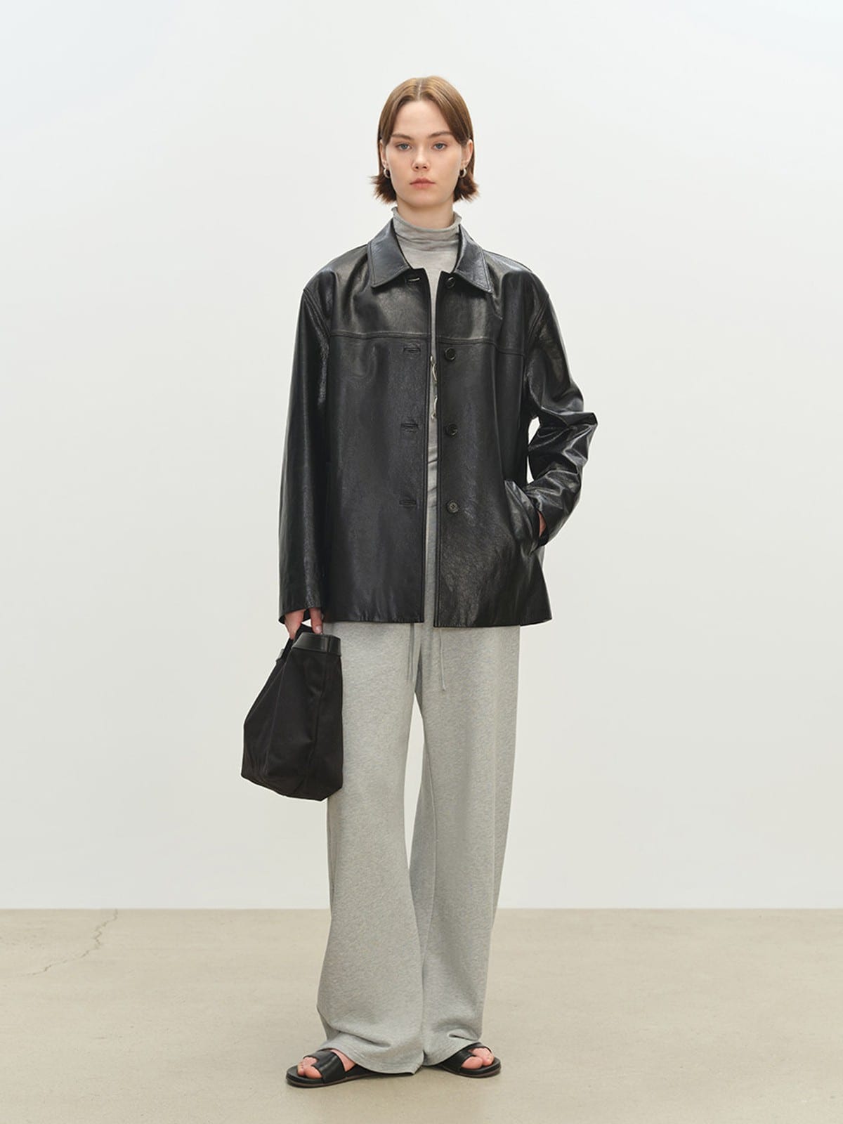 MSBEAST Oversized Lapel Sheepskin Jacket in Black - On Female Model