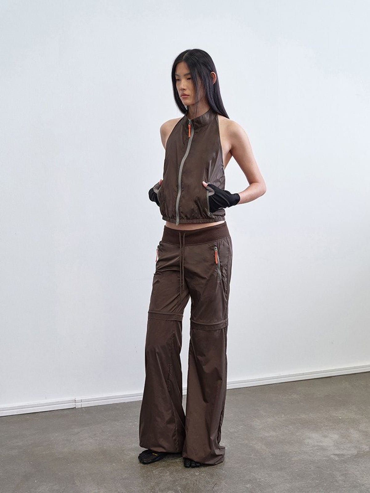 RARELY ALIKE Detachable 2 in 1 Nylon Sports Jacket in Brown - On Female Model