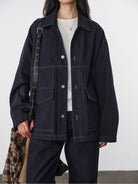 Random Piece Cotton Convertible Workwear Jacket in Navy Blue - On Female Model