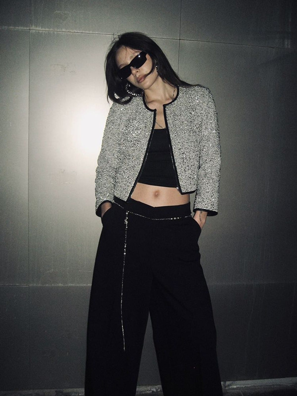 RARELY ALIKE Silver Sequin Tweed Cropped Jacket in Silver - On Female Model