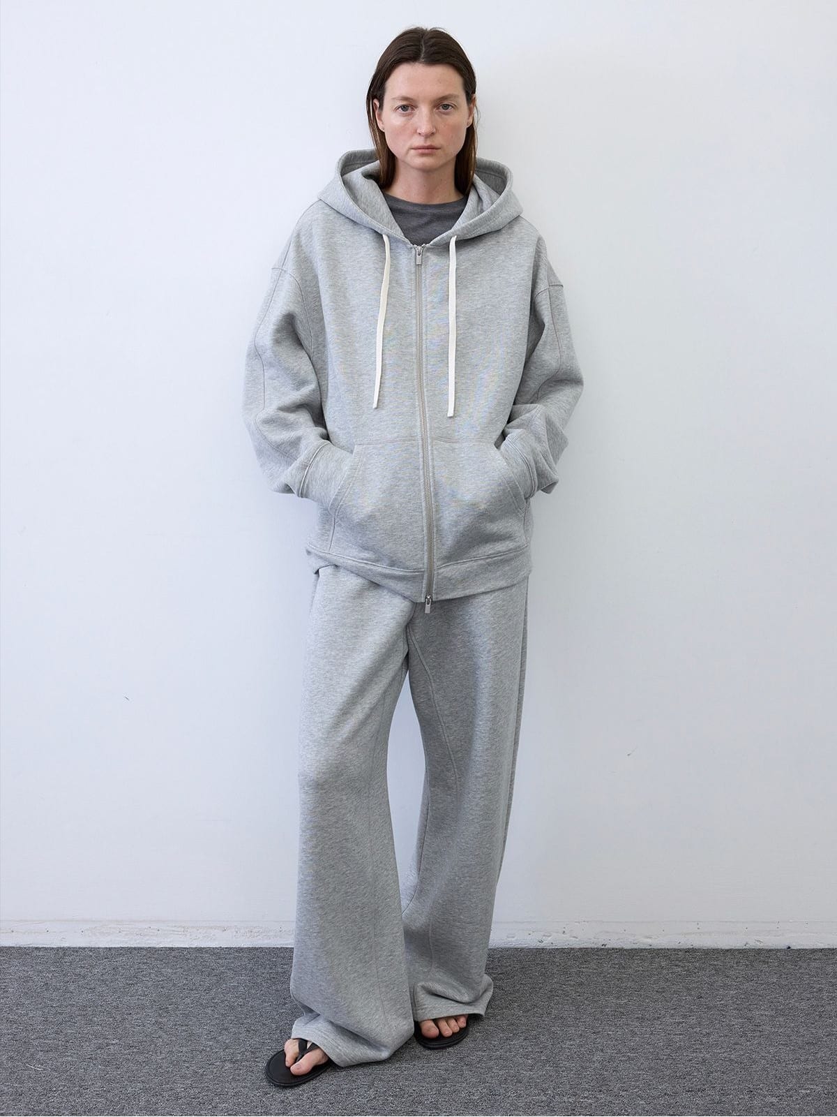 Random Piece Cotton Lyocell Zip Up Hoodie in Gray - On Female Model