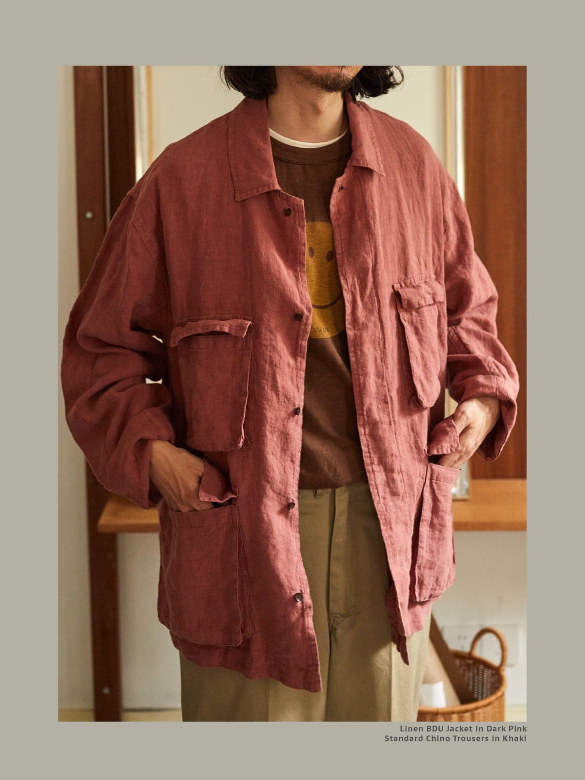 USAGE Linen Four Pocket BDU Jacket in Pink - On Male Model