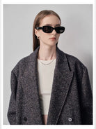 NANS Wool Double Breasted Peak Lapel Coat in Beige - On Female Model