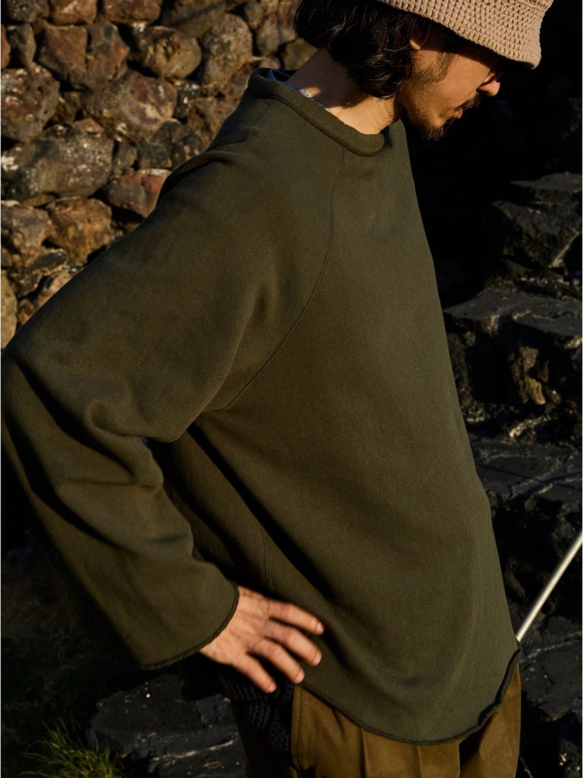 USAGE Slub Cotton Raglan Sweatshirt in Green - On Male Model