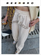 BeerBro Embroidered Script Joggers in Cream - On Female Model