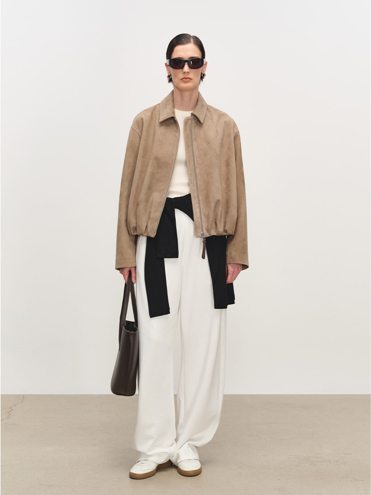 MSBEAST Gathered Hem Sheep Leather Jacket in Beige - On Female Model