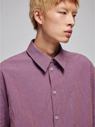 SIMPLE PROJECT Crinkled Linen Blend Short Sleeve Shirt in Purple - On Male Model