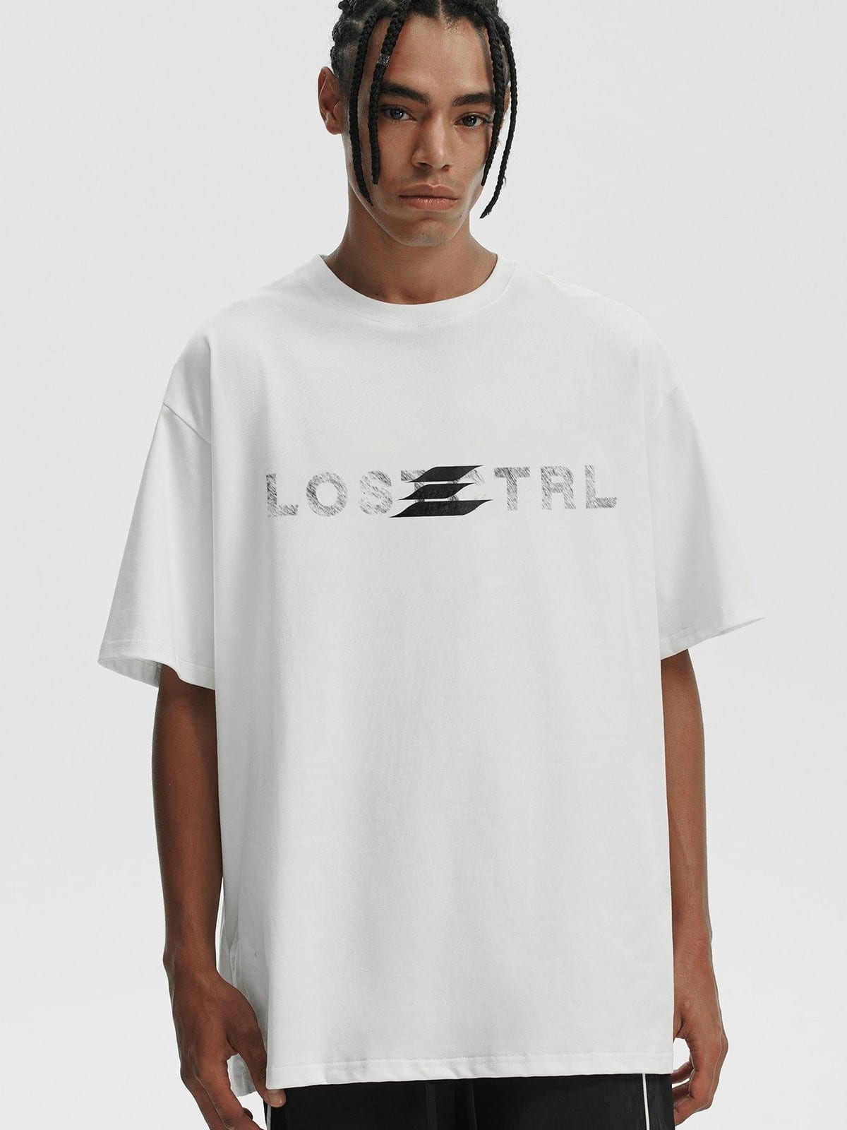 LOSTCTRL Distressed Logo Print Cotton T Shirt in White - On Male Model