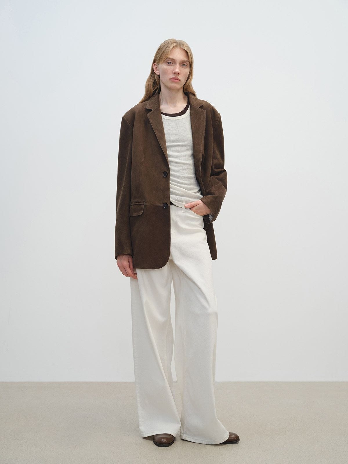 MSBEAST Oversized Sheepskin Suede Blazer in Brown - On Female Model