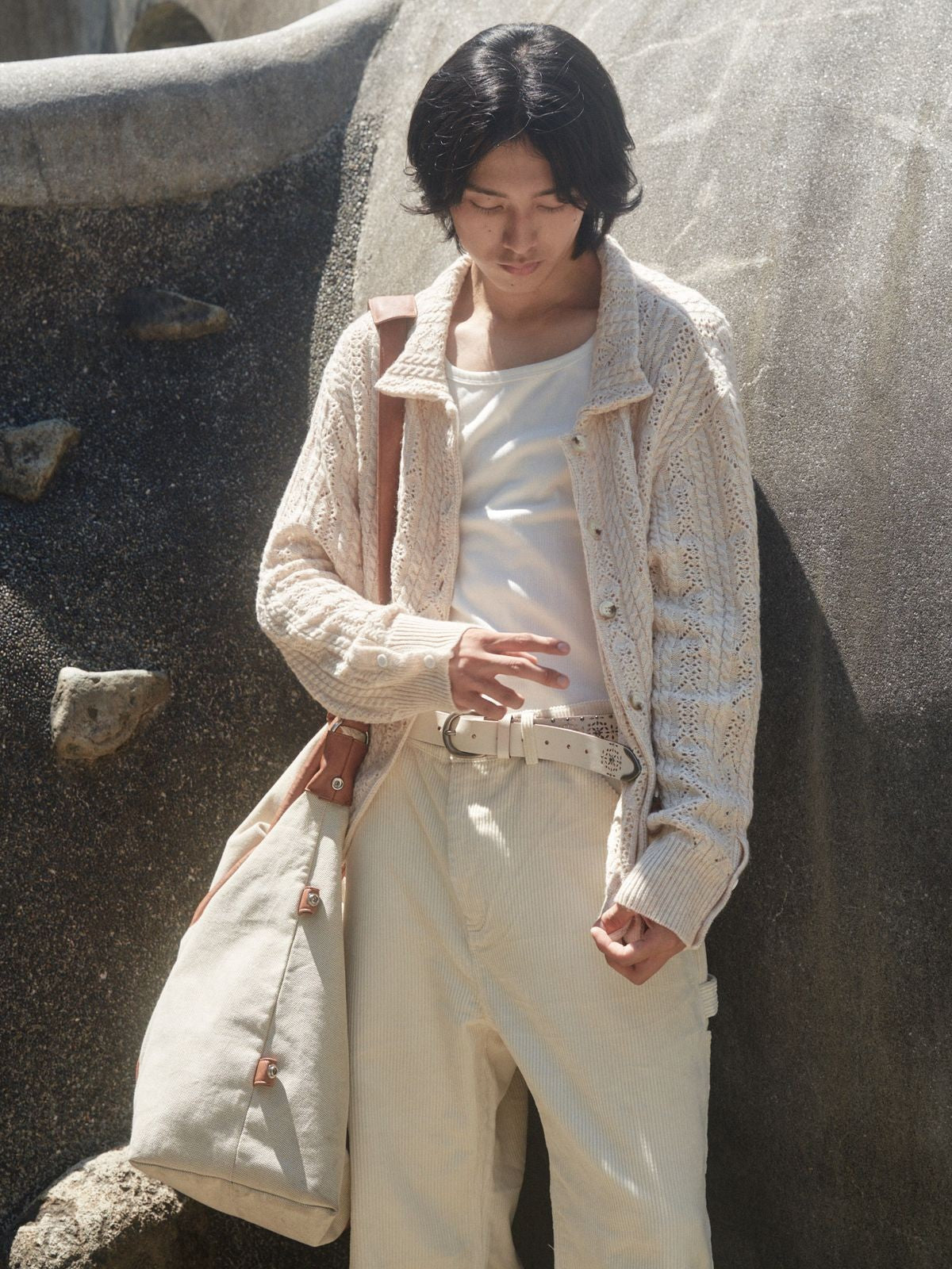 Retro 21 Openwork Wool Knit Cardigan Shirt in Apricot - On Male Model