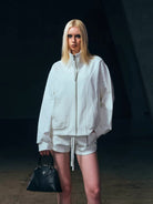SMFK Cotton Zip Up Track Jacket in White - On Female Model