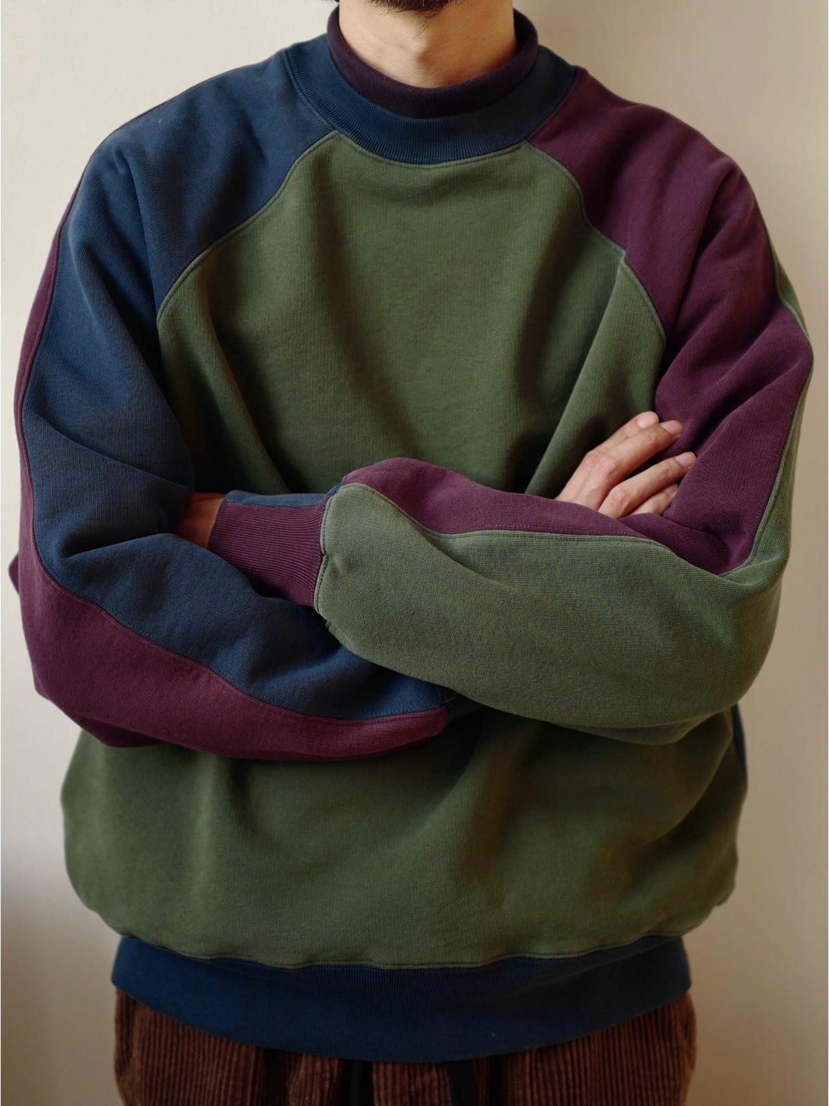 USAGE Colorblock Raglan Cotton Sweatshirt in Green - On Male Model