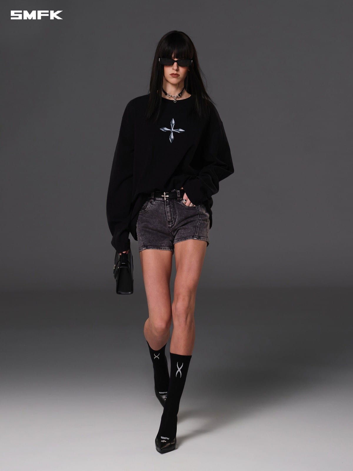 SMFK Stretch Cotton Denim Shorts in Gray - On Female Model
