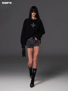 SMFK Stretch Cotton Denim Shorts in Gray - On Female Model