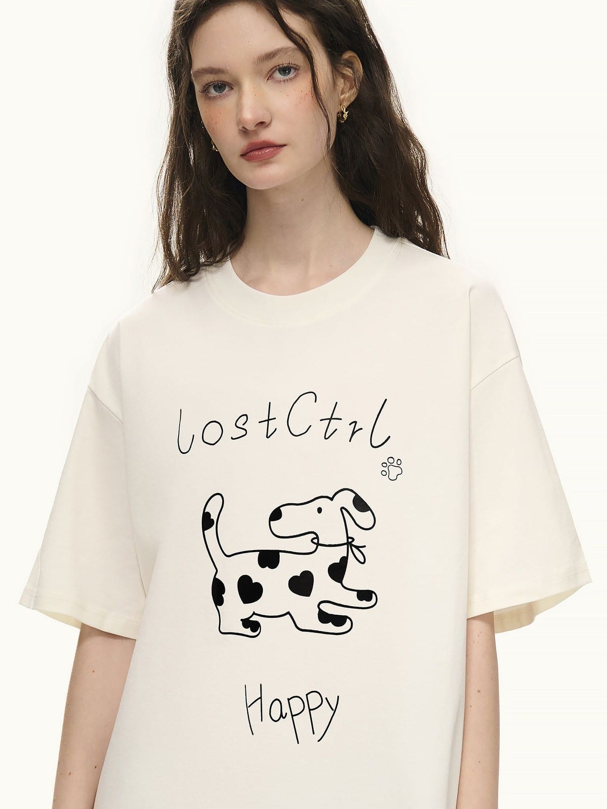 LOSTCTRL Spotted Dog Graphic Crewneck T Shirt in White - On Female Model