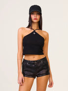 SMFK Washed Cotton Embroidered Baseball Cap in Black - On Female Model