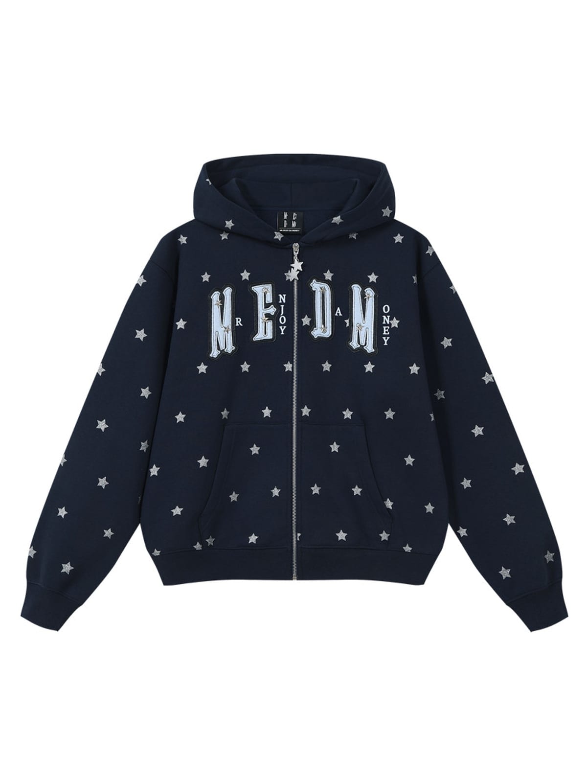 MEDM Fleece Lined Star Print Zip Hoodie in Navy Blue