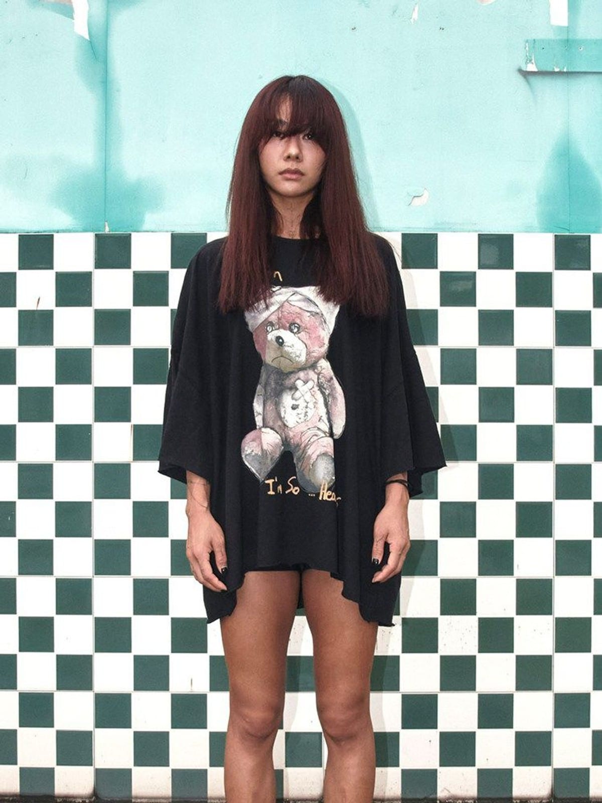 D5ove Sad Bear Graphic Half Sleeve T Shirt in Black - On Female Model